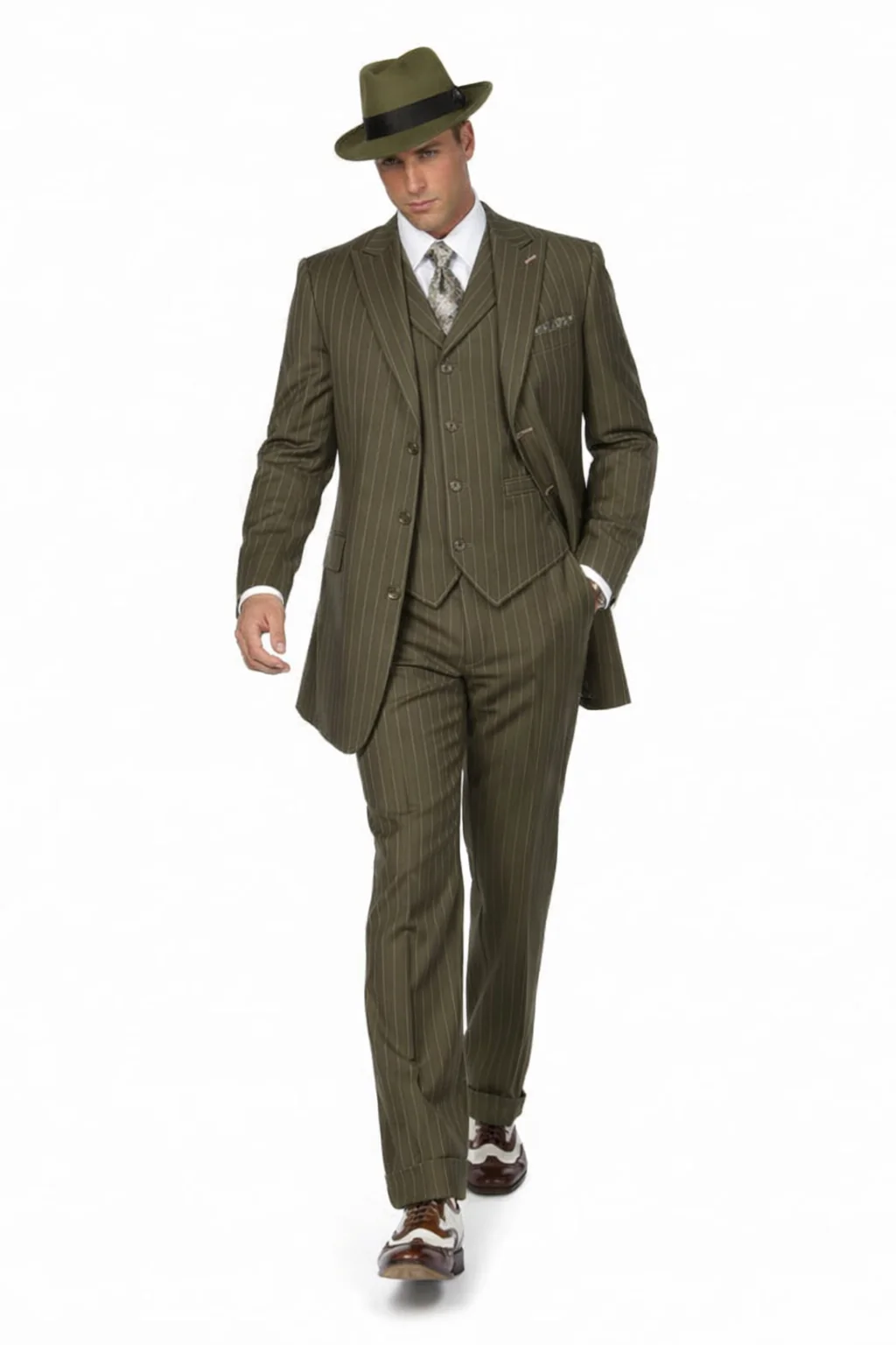Mens Olive Green Pinstripe Zoot Suit – 1920s Gangster Vintage 3-Piece Suit for Formal and Themed Events - Image 5