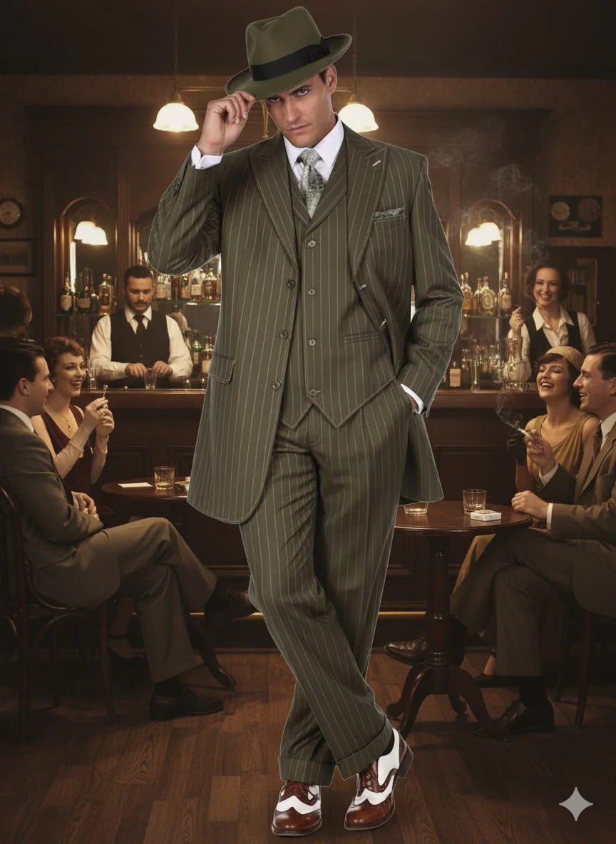 Mens Olive Green Pinstripe Zoot Suit – 1920s Gangster Vintage 3-Piece Suit for Formal and Themed Events - Image 7