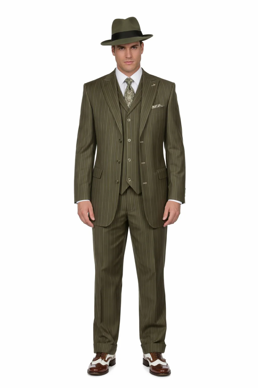 Mens Olive Green Pinstripe Zoot Suit – 1920s Gangster Vintage 3-Piece Suit for Formal and Themed Events - Image 8