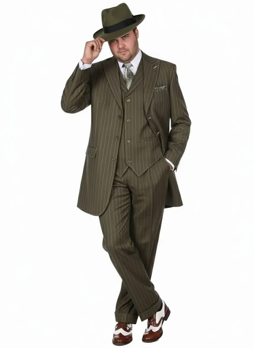 Mens Olive Green Pinstripe Zoot Suit – 1920s Gangster Vintage 3-Piece Suit for Formal and Themed Events - Image 9