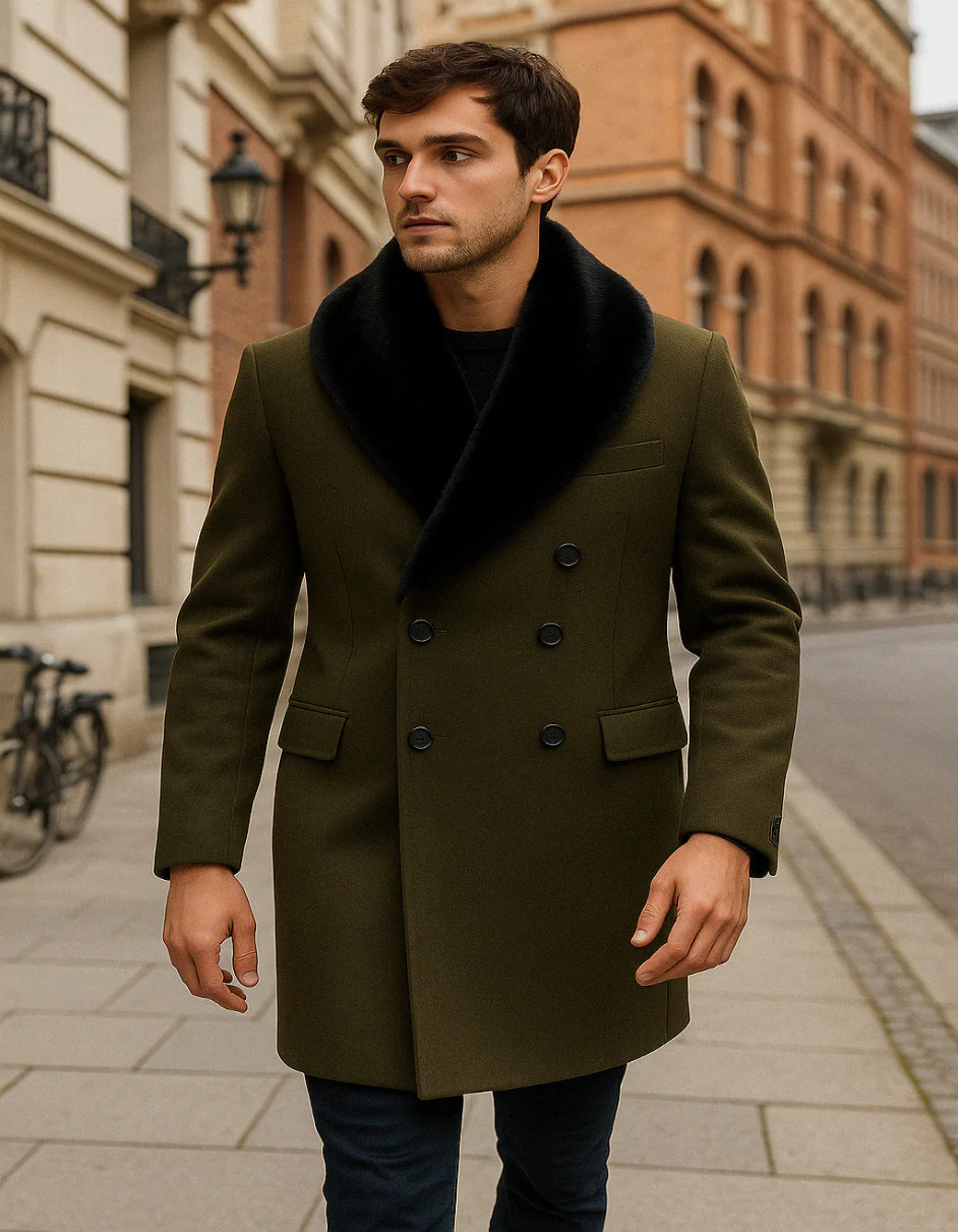 Mens Olive Green Wool Overcoat with Black Faux Fur Shawl Collar – Double Breasted Winter Coat - Image 2