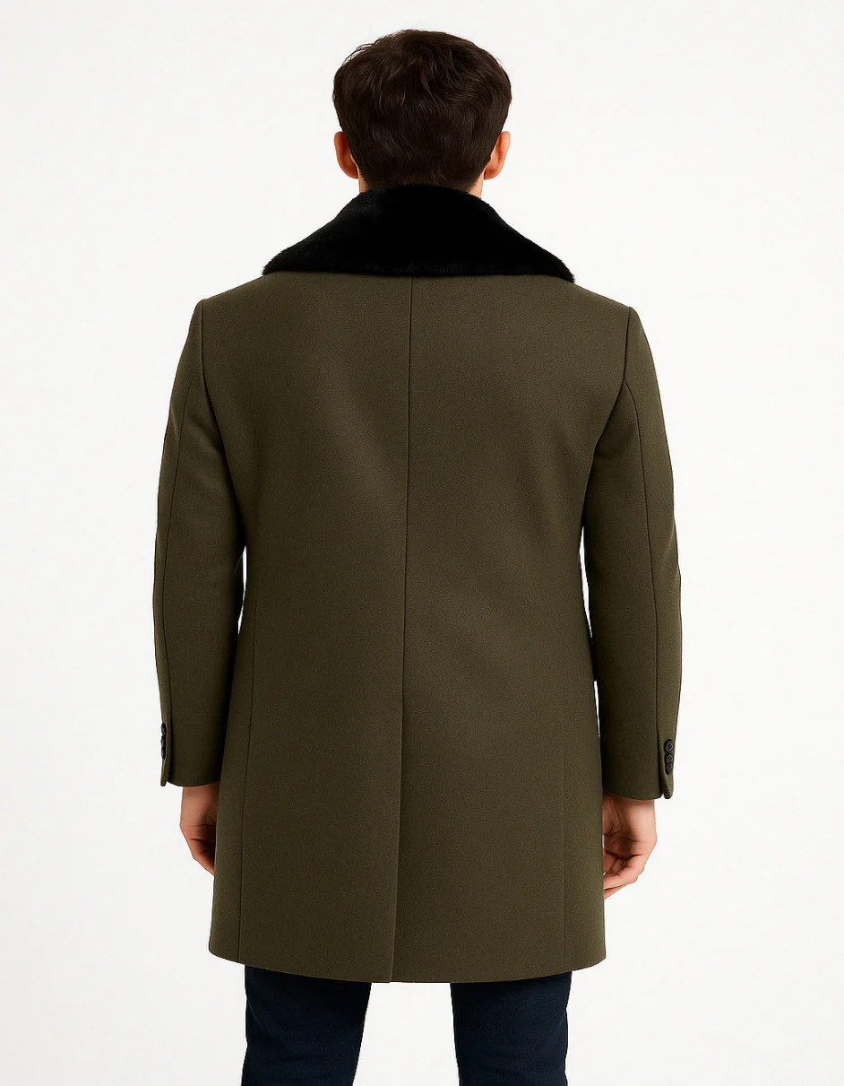 Mens Olive Green Wool Overcoat with Black Faux Fur Shawl Collar – Double Breasted Winter Coat - Image 3