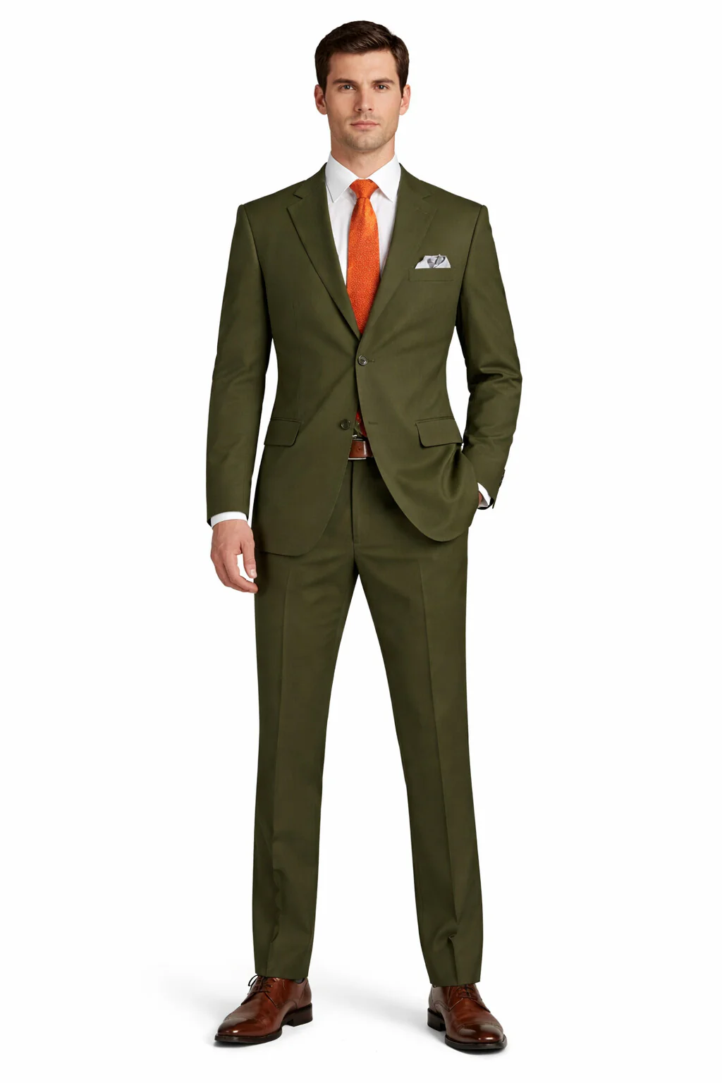 Mens Olive Regular Fit Single Breasted Two-Button Two-Piece Suit