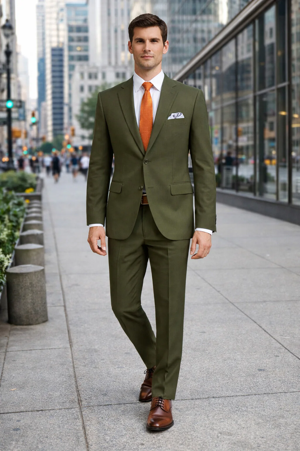 Mens Olive Regular Fit Single Breasted Two-Button Two-Piece Suit - Image 3