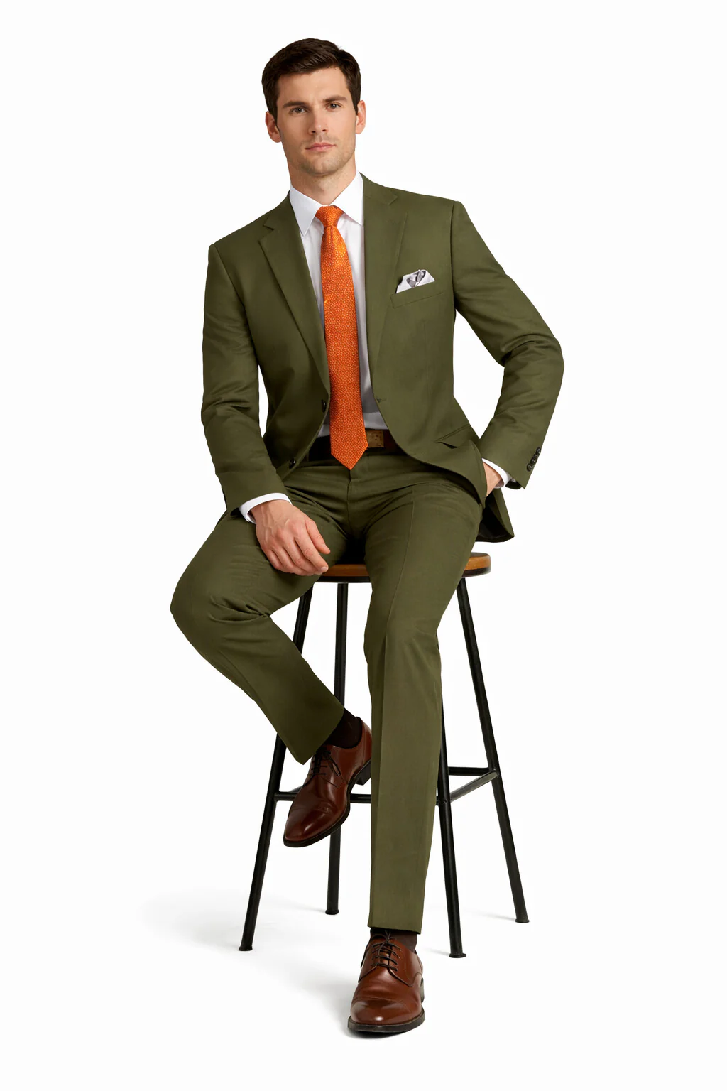 Mens Olive Regular Fit Single Breasted Two-Button Two-Piece Suit - Image 5