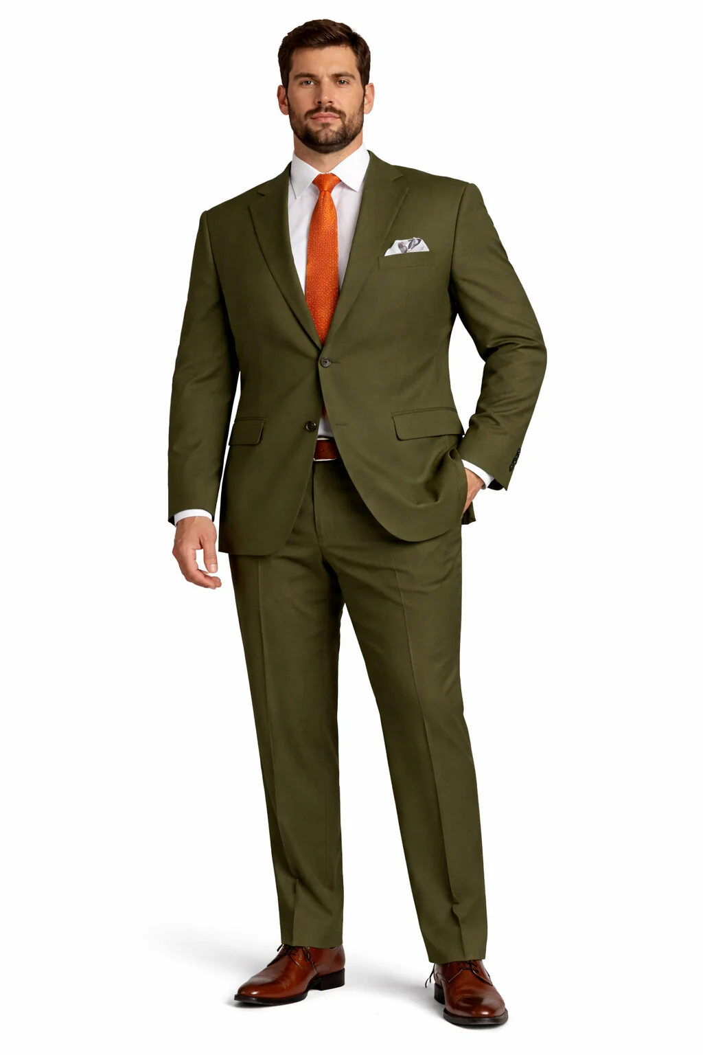 Mens Olive Regular Fit Single Breasted Two-Button Two-Piece Suit - Image 6