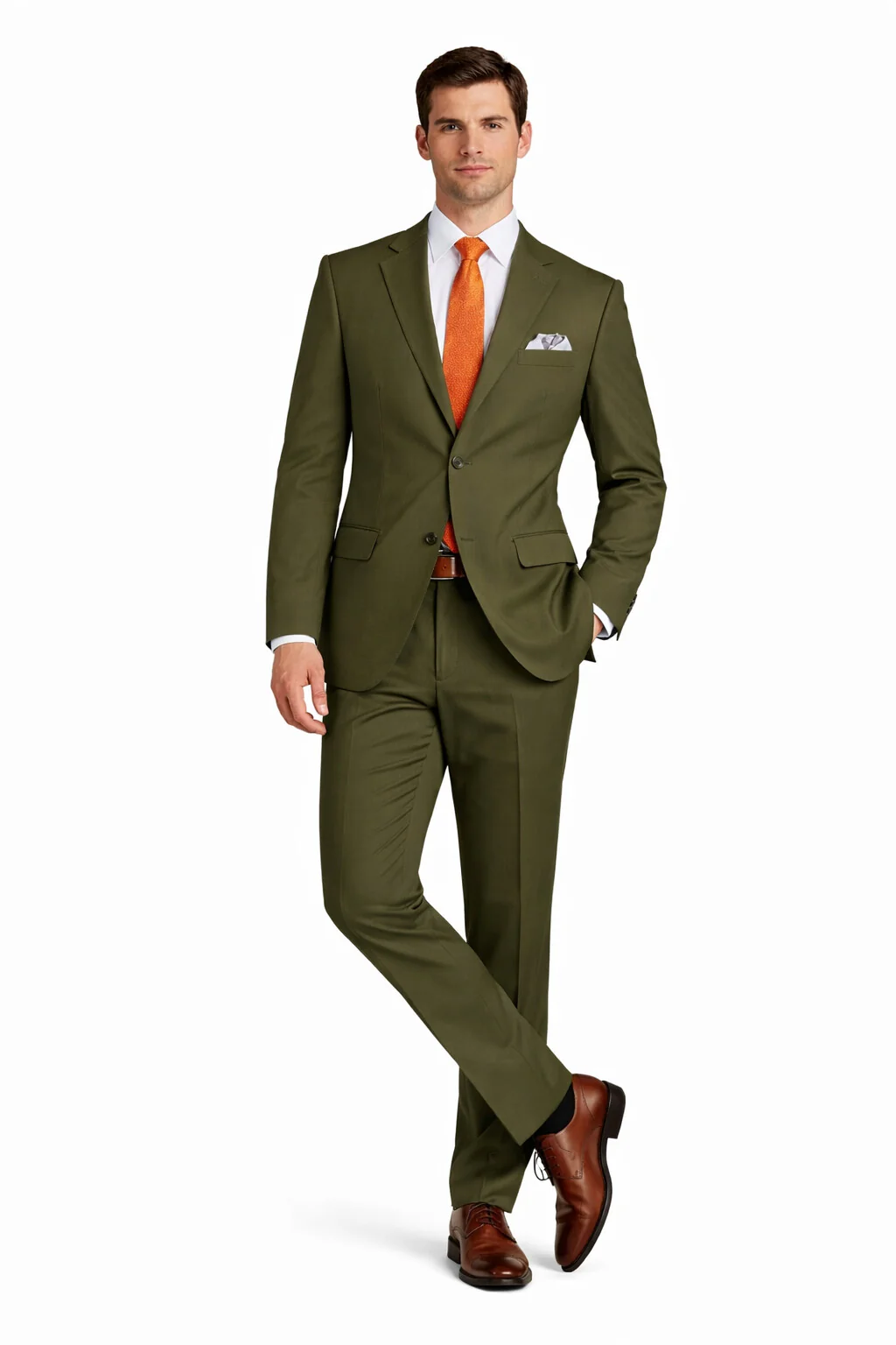 Mens Olive Regular Fit Single Breasted Two-Button Two-Piece Suit - Image 8