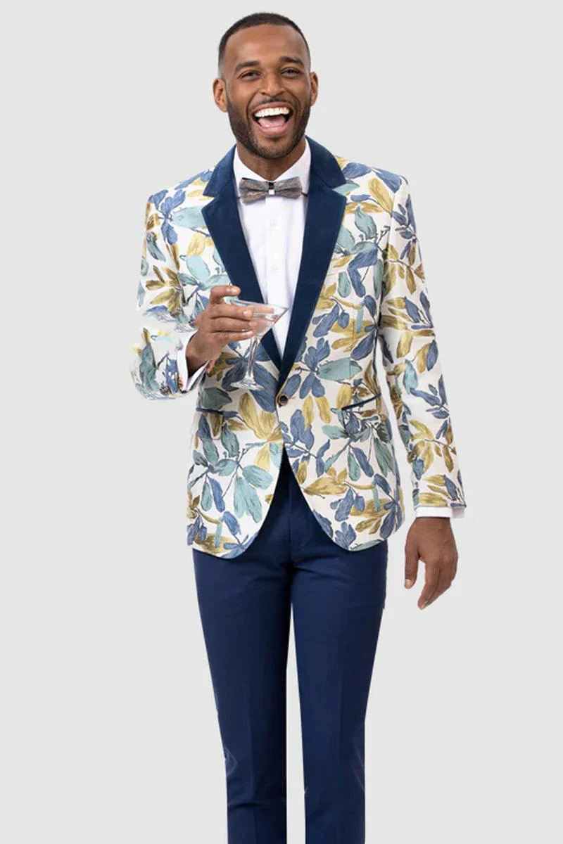 EJ Samuel Men's Navy Velvet Floral Tuxedo Jacket with Single Button