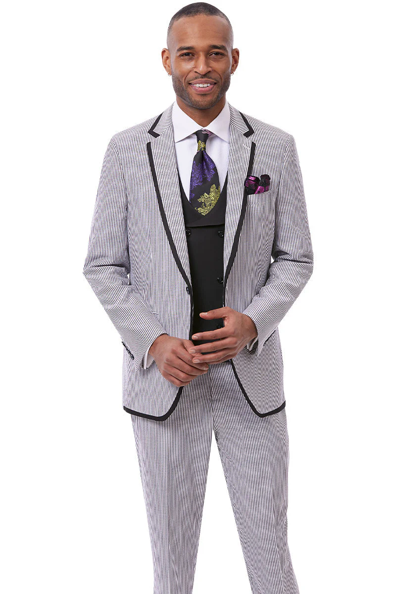 Men's One Button Jacket + Pants Fashion Seersucker Suit with Double Breasted Vest in Black - Image 2