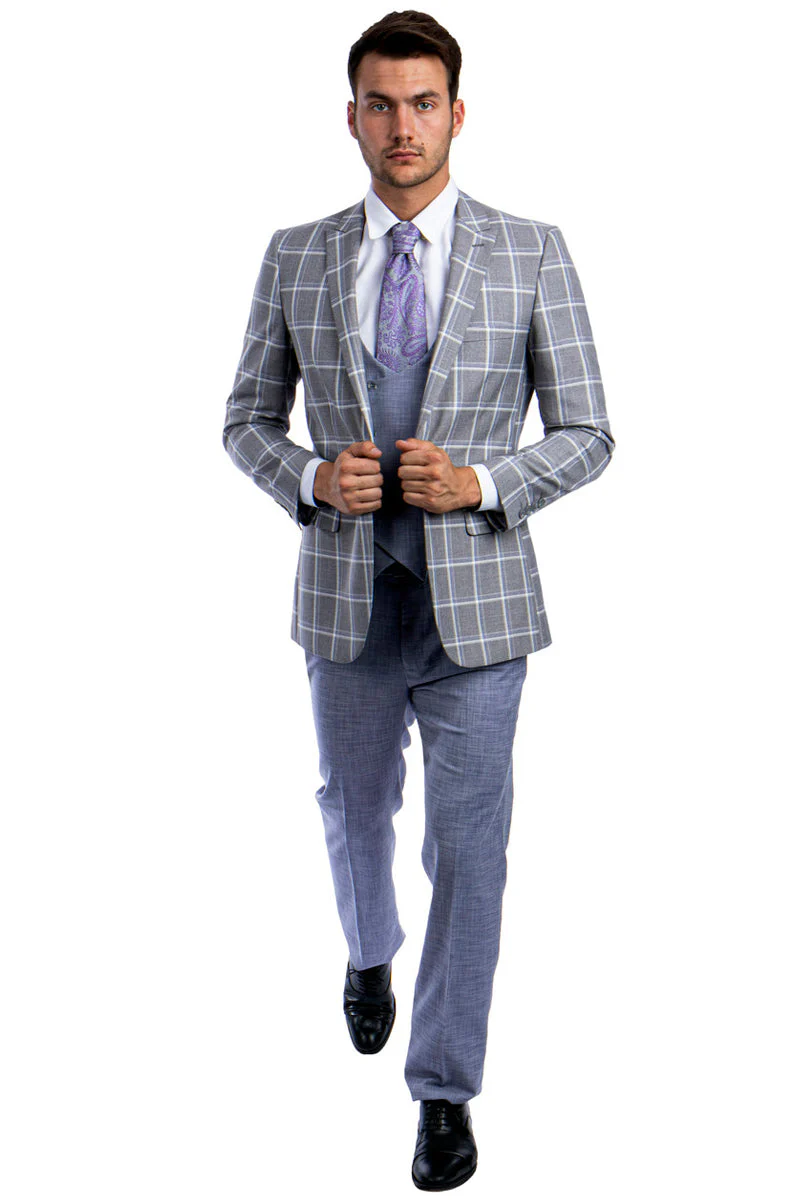 "Men's Grey & Blue Windowpane Plaid Suit - One Button Peak Lapel with Double Breasted Vest" - Image 2