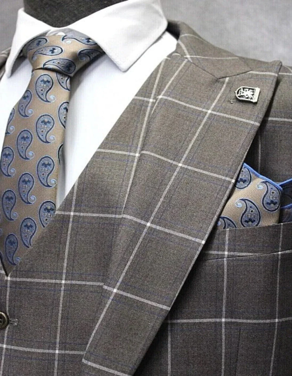 Mens One Button Peak Lapel Plaid Pattern Suit Tan ~ White ~ Blue - Image 4