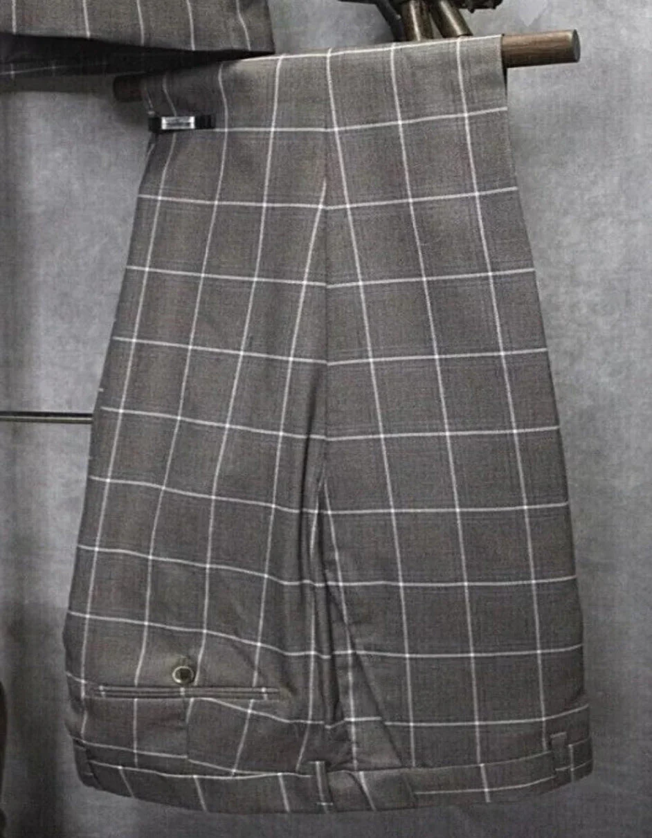 Mens One Button Peak Lapel Plaid Pattern Suit Tan ~ White ~ Blue - Image 5
