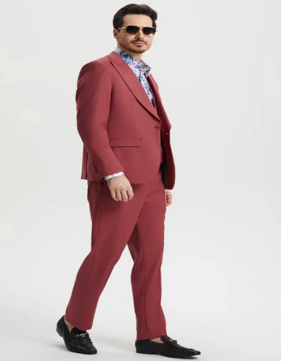 Men's One Button Peak Lapel Side Vent Flat Front Pant Suit in Coral Blush Pink - Image 2