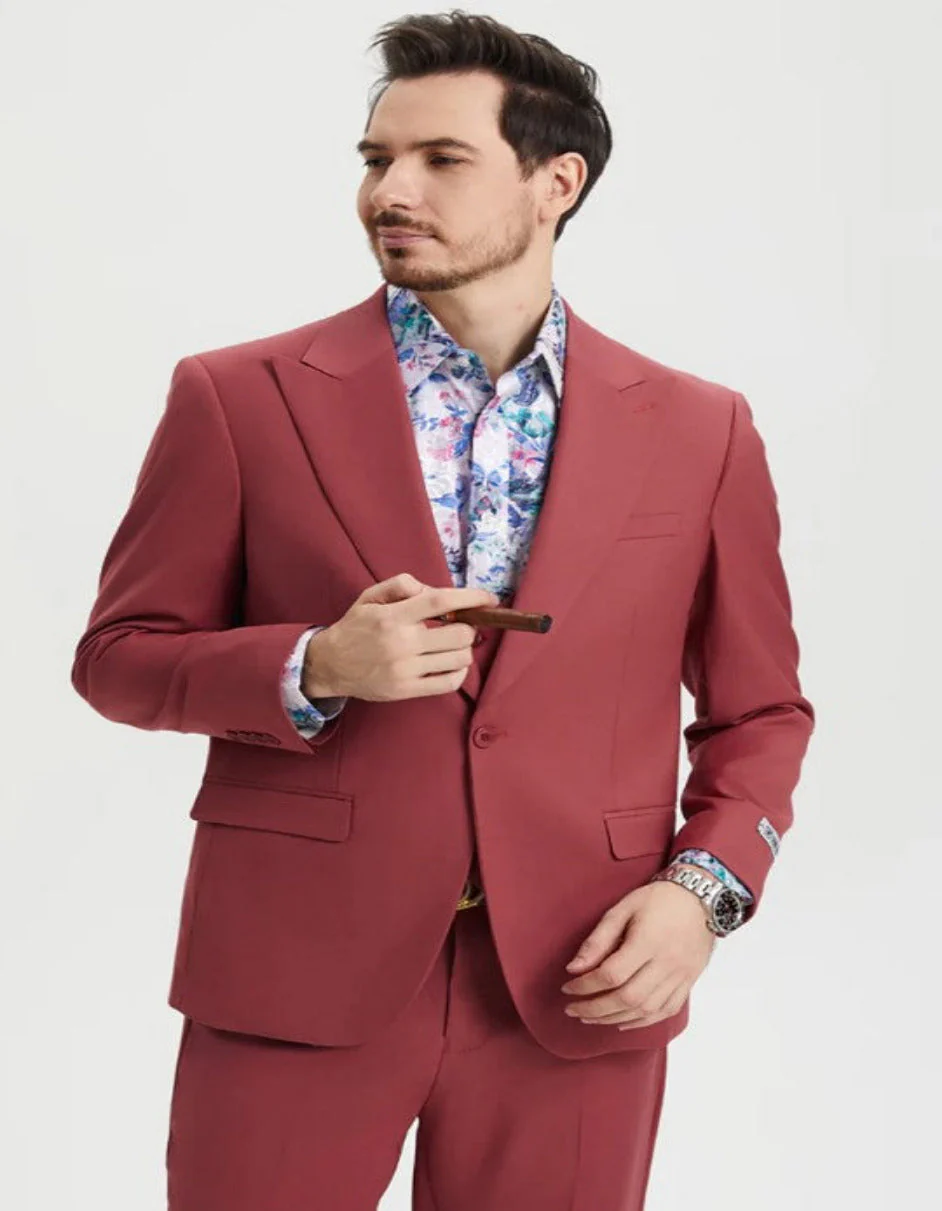 Men's One Button Peak Lapel Side Vent Flat Front Pant Suit in Coral Blush Pink - Image 3