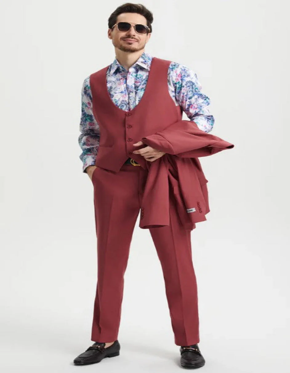 Men's One Button Peak Lapel Side Vent Flat Front Pant Suit in Coral Blush Pink - Image 4