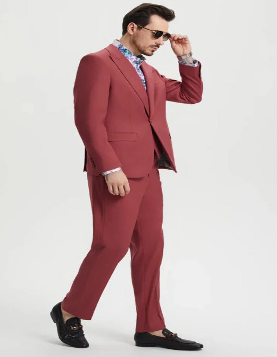 Men's One Button Peak Lapel Side Vent Flat Front Pant Suit in Coral Blush Pink - Image 5