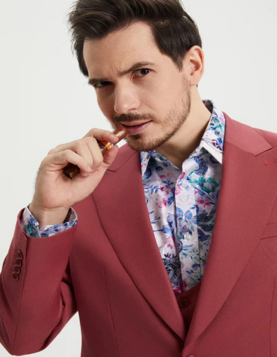 Men's One Button Peak Lapel Side Vent Flat Front Pant Suit in Coral Blush Pink - Image 6