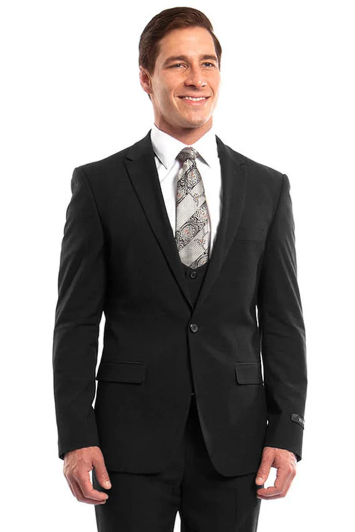 Men's One Button Peak Lapel Skinny Wedding  Prom Suit with Lowcut Vest in Black - Image 2