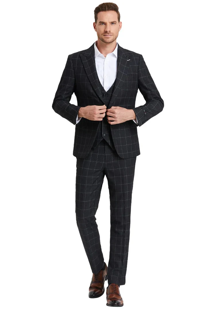 Men's One Button Peak Lapel Vested Bold Chalk Windowpane Plaid Suit In Black - Image 2