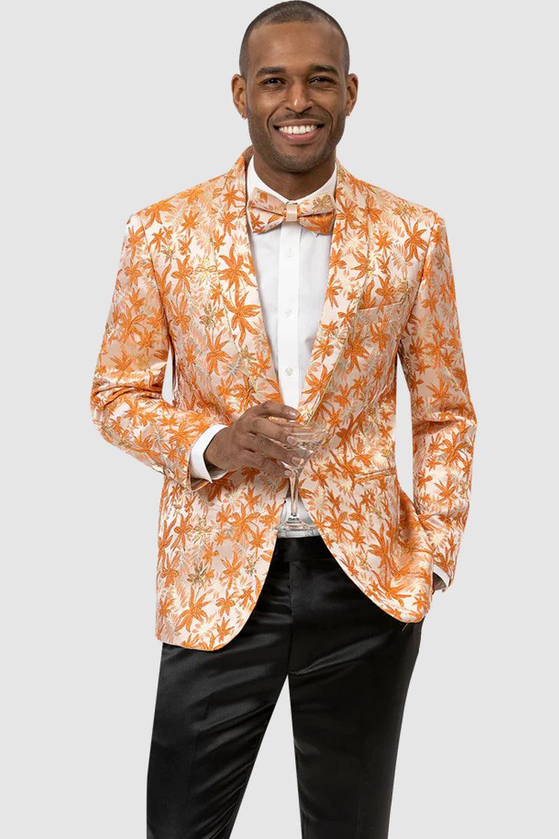 EJ Samuel Men's Orange Shiny Paisley Tuxedo Jacket with Shawl Lapel & One Button