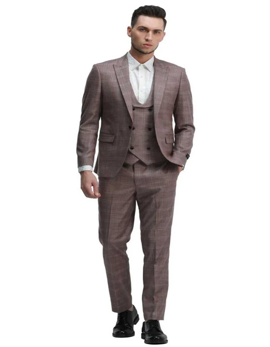 Men's One Button Slim Fit Double Breasted Rose Pink Plaid Suit - Image 2