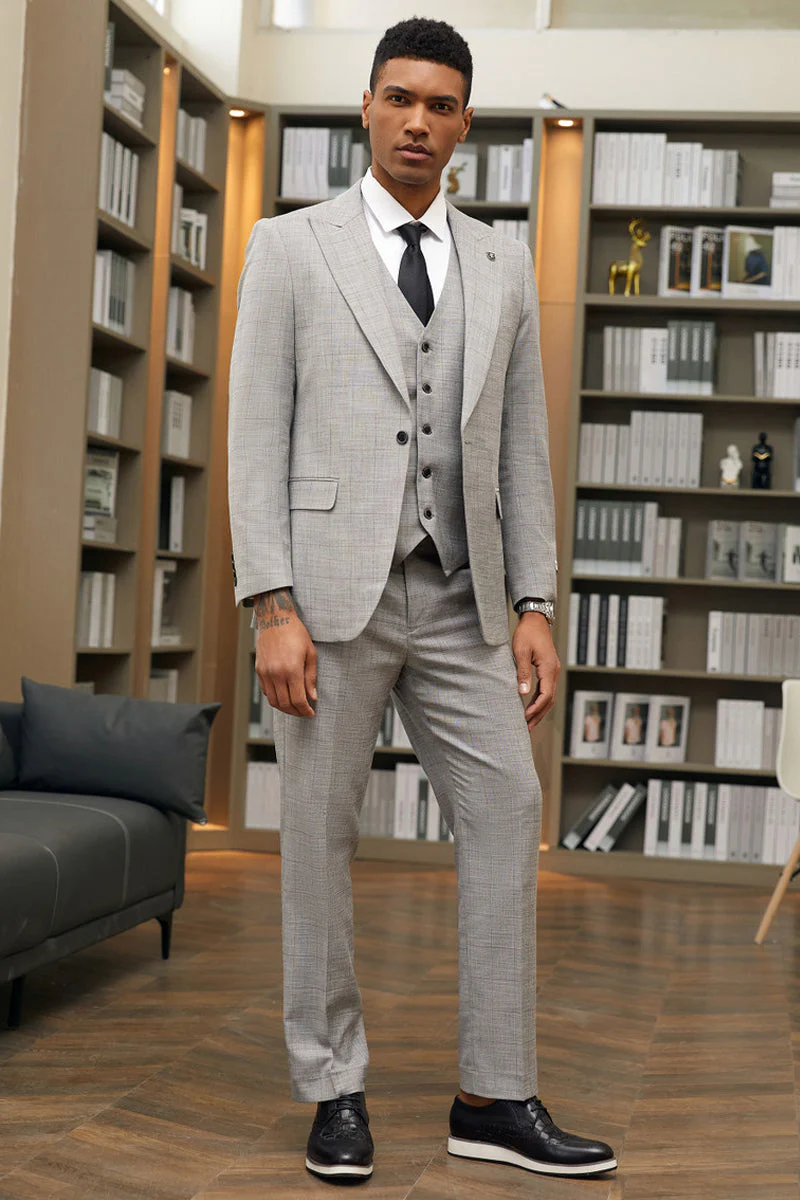 "Mens Stacy Adams Suit-Stacy Adam's Suit Men's Grey Windowpane Plaid Suit - One Button, Peak Lapel, Vested" - Image 2