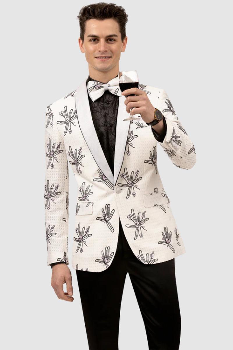 "EJ Samuel White One-Button Stencil Prom Tuxedo Jacket"