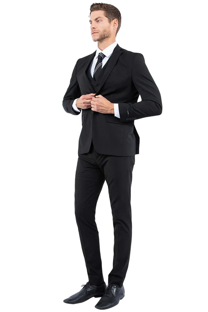 Men's One Button Vested Slim Fit Business & Wedding Suit In Black - Image 2