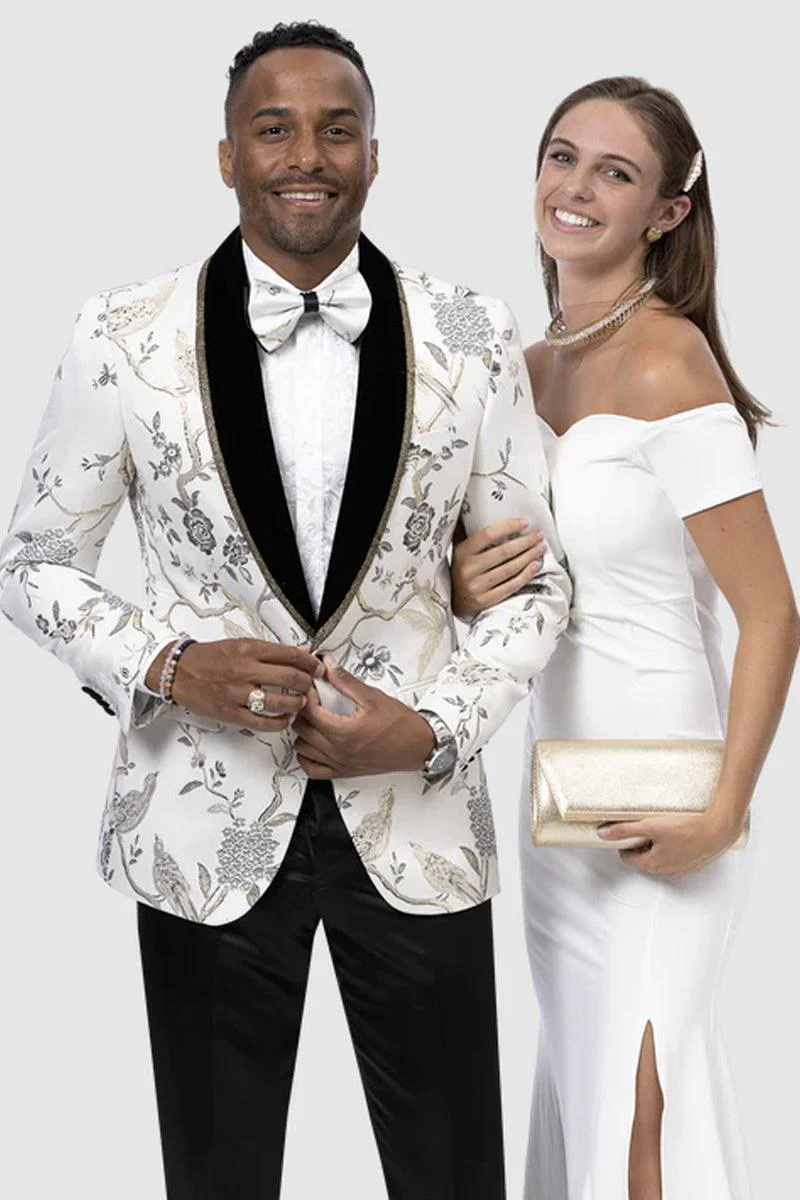 EJ Samuel Men's One Button White & Gold Tree Pattern Tuxedo Jacket for Weddings