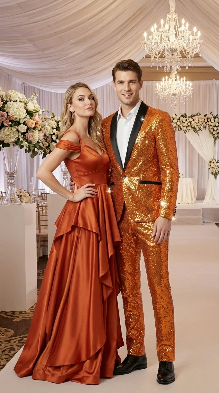 Mens Orange Sequin Tuxedo Suit – Shiny Wedding Suit Set with Black Lapel for Prom, Party, Gala and Formal Evening Wear - Goldish Orange - Image 12