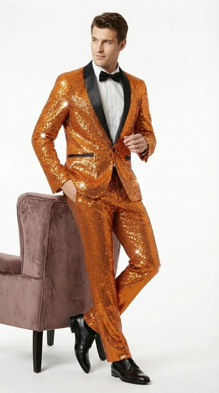 Mens Orange Sequin Tuxedo Suit – Shiny Wedding Suit Set with Black Lapel for Prom, Party, Gala and Formal Evening Wear - Goldish Orange - Image 3