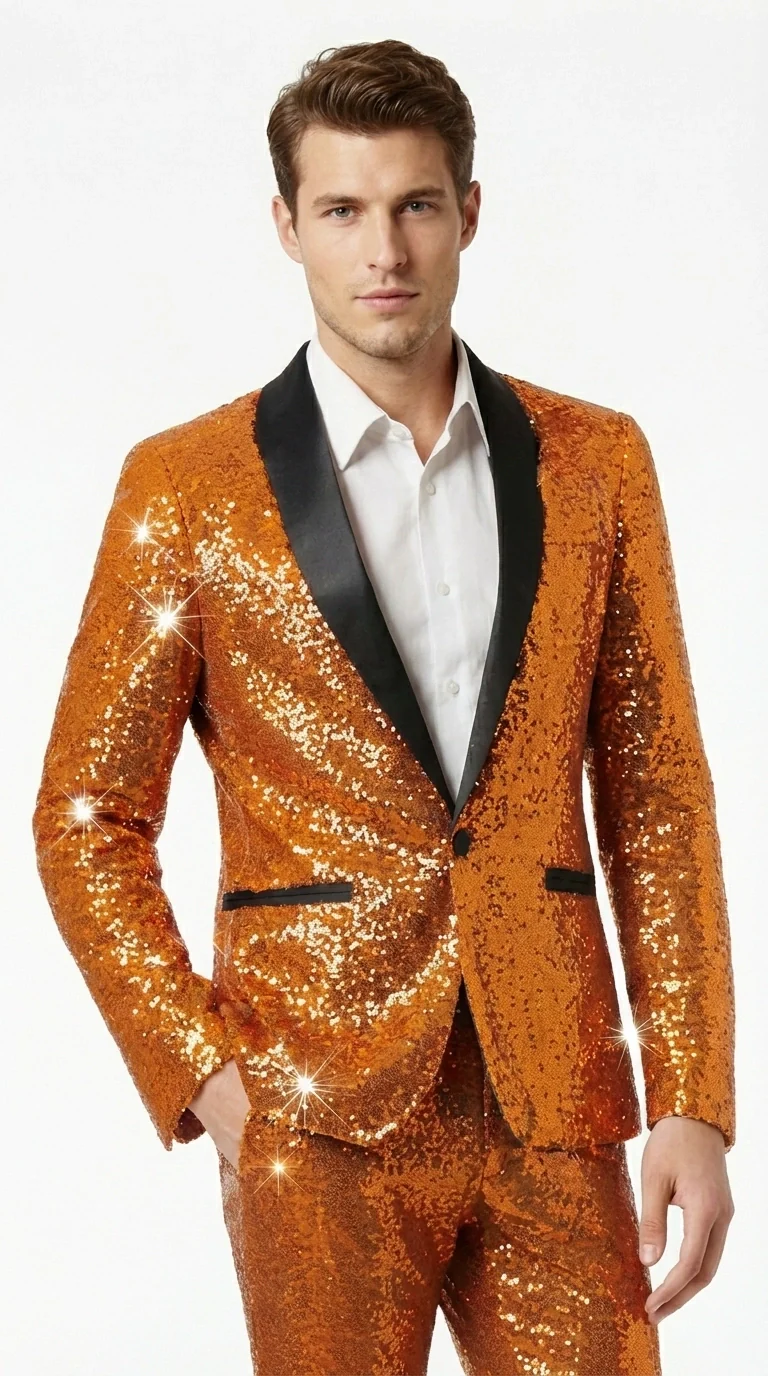 Mens Orange Sequin Tuxedo Suit – Shiny Wedding Suit Set with Black Lapel for Prom, Party, Gala and Formal Evening Wear - Goldish Orange - Image 7