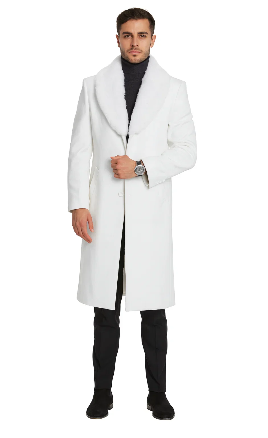 Mens Overcoat with Fur Collar - Single Breasted White Topcoat - Image 3