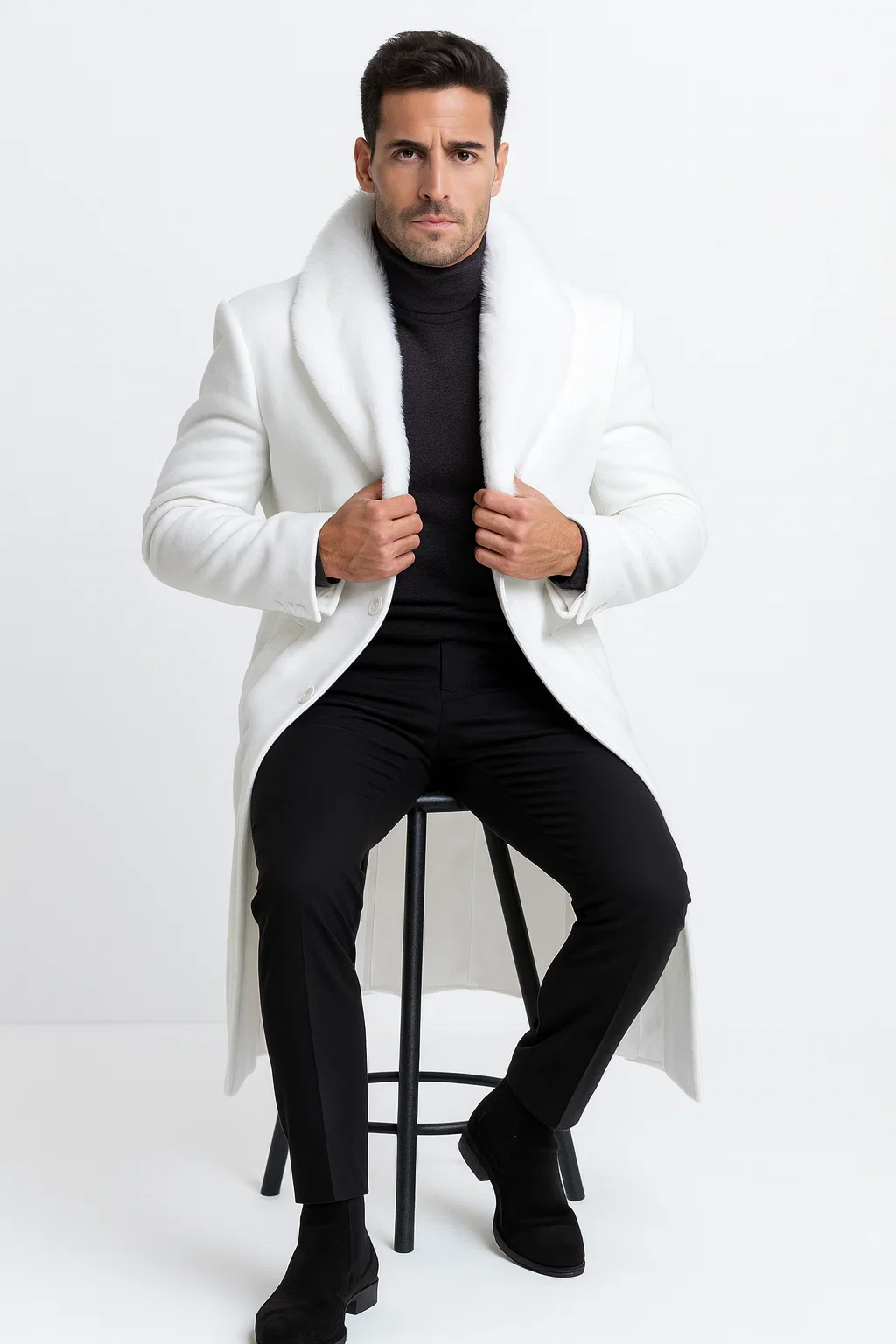 Mens Overcoat with Fur Collar - Single Breasted White Topcoat - Image 4