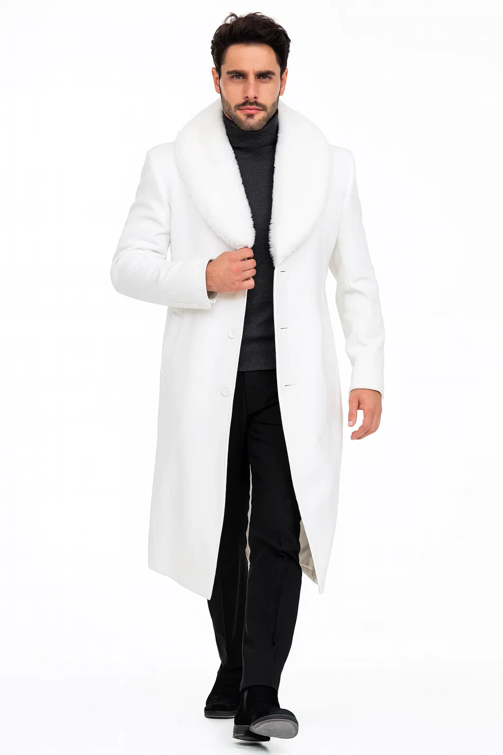Mens Overcoat with Fur Collar - Single Breasted White Topcoat - Image 5