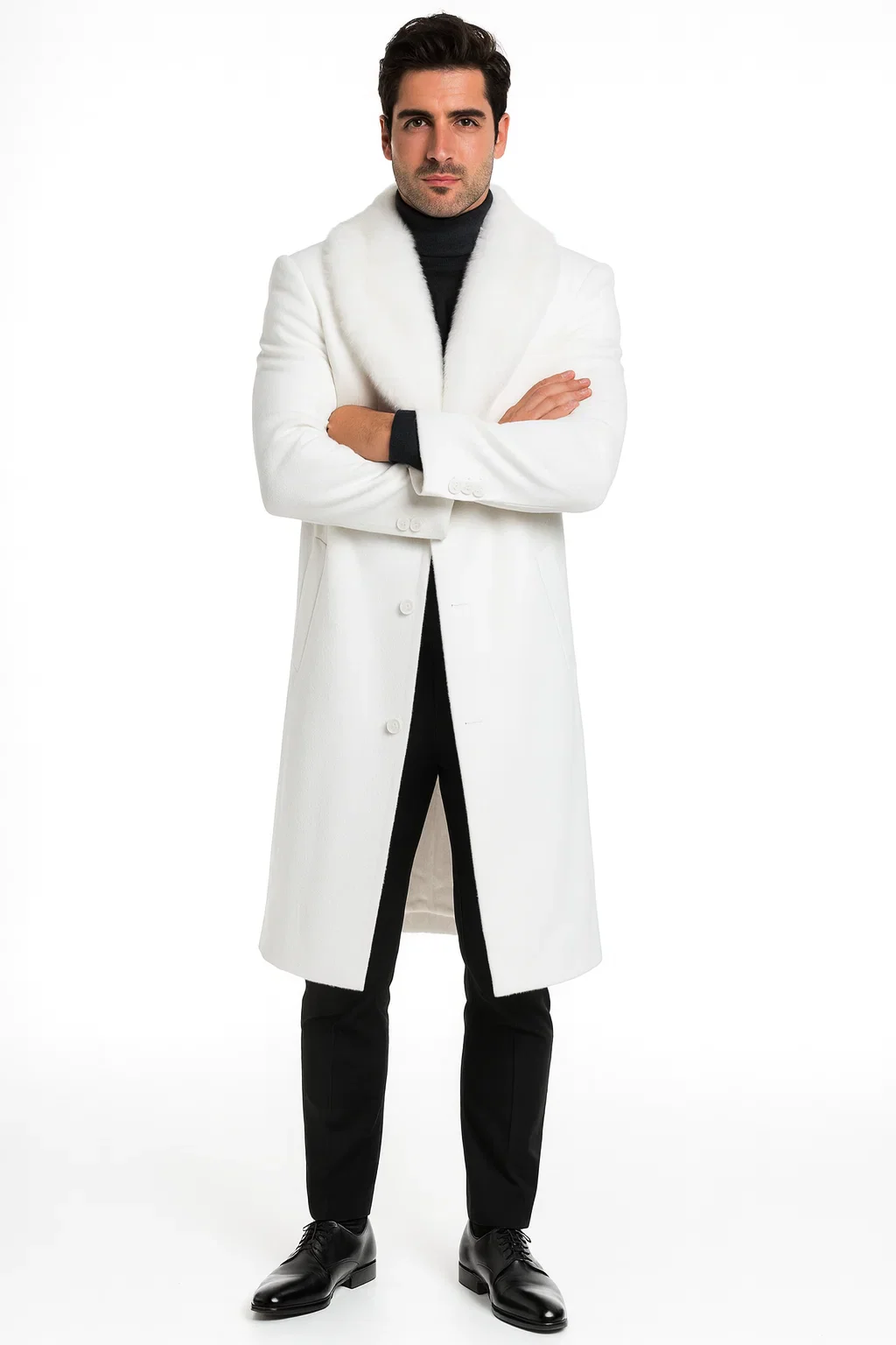Mens Overcoat with Fur Collar - Single Breasted White Topcoat - Image 6