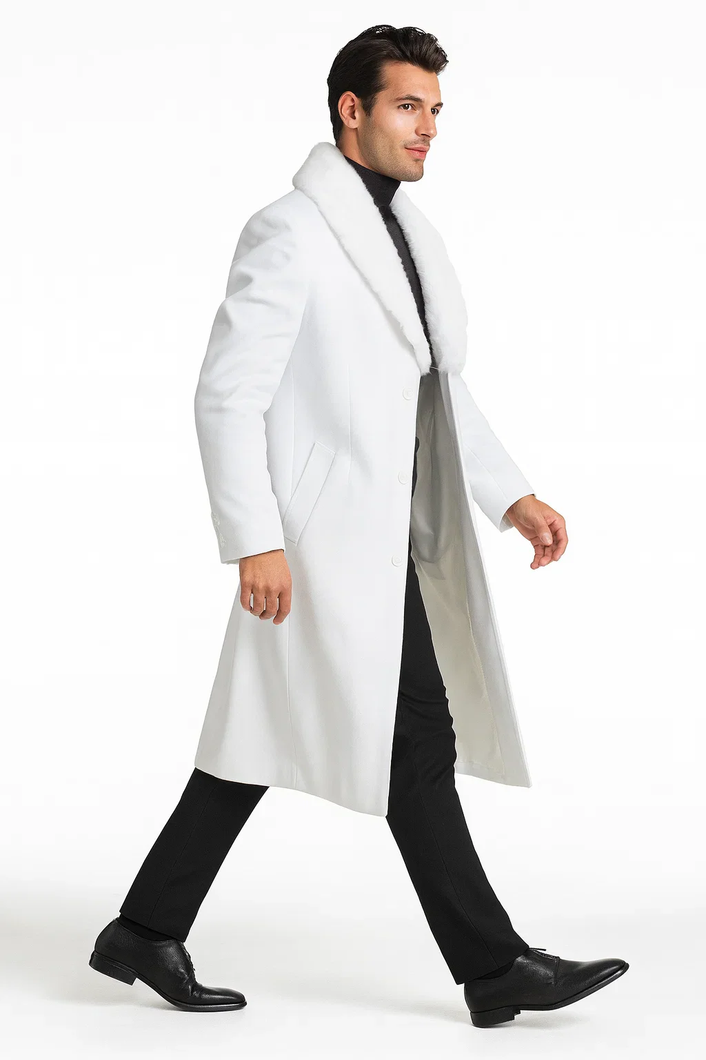Mens Overcoat with Fur Collar - Single Breasted White Topcoat - Image 7