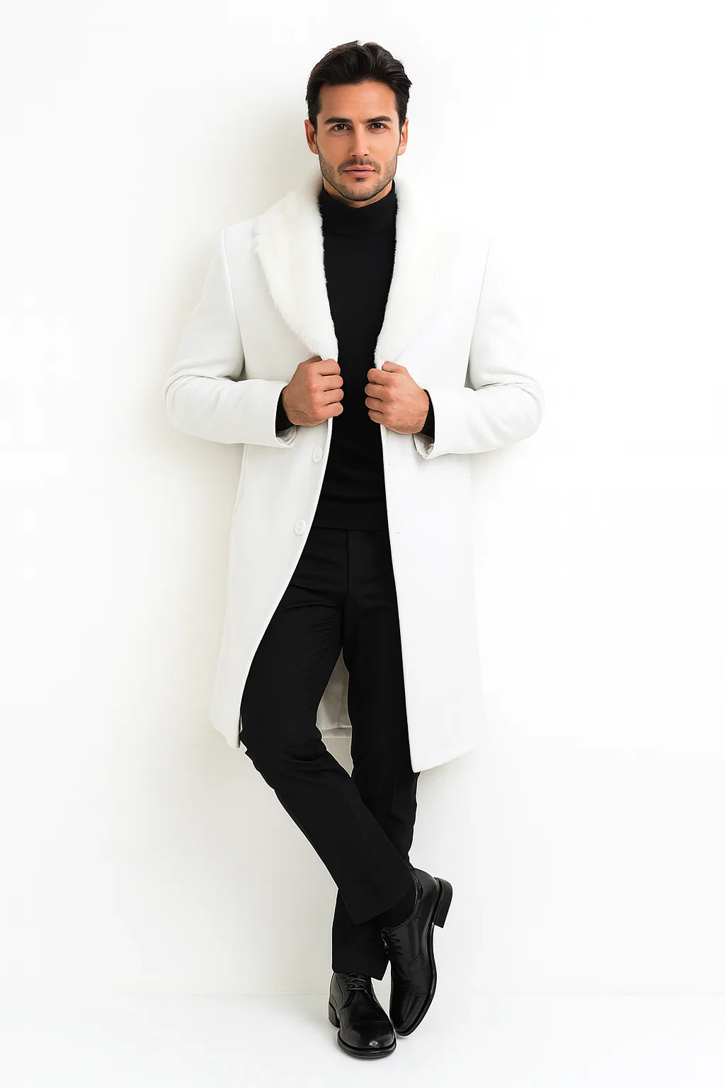 Mens Overcoat with Fur Collar - Single Breasted White Topcoat - Image 8