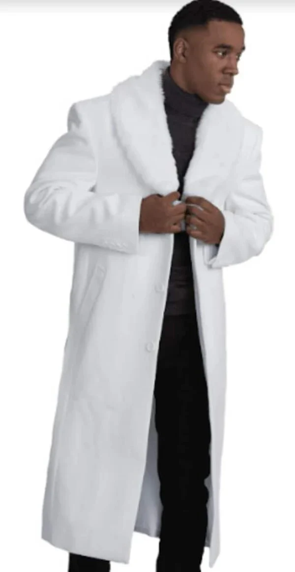 Mens Overcoat with Fur Collar - Single Breasted White Topcoat - Image 9