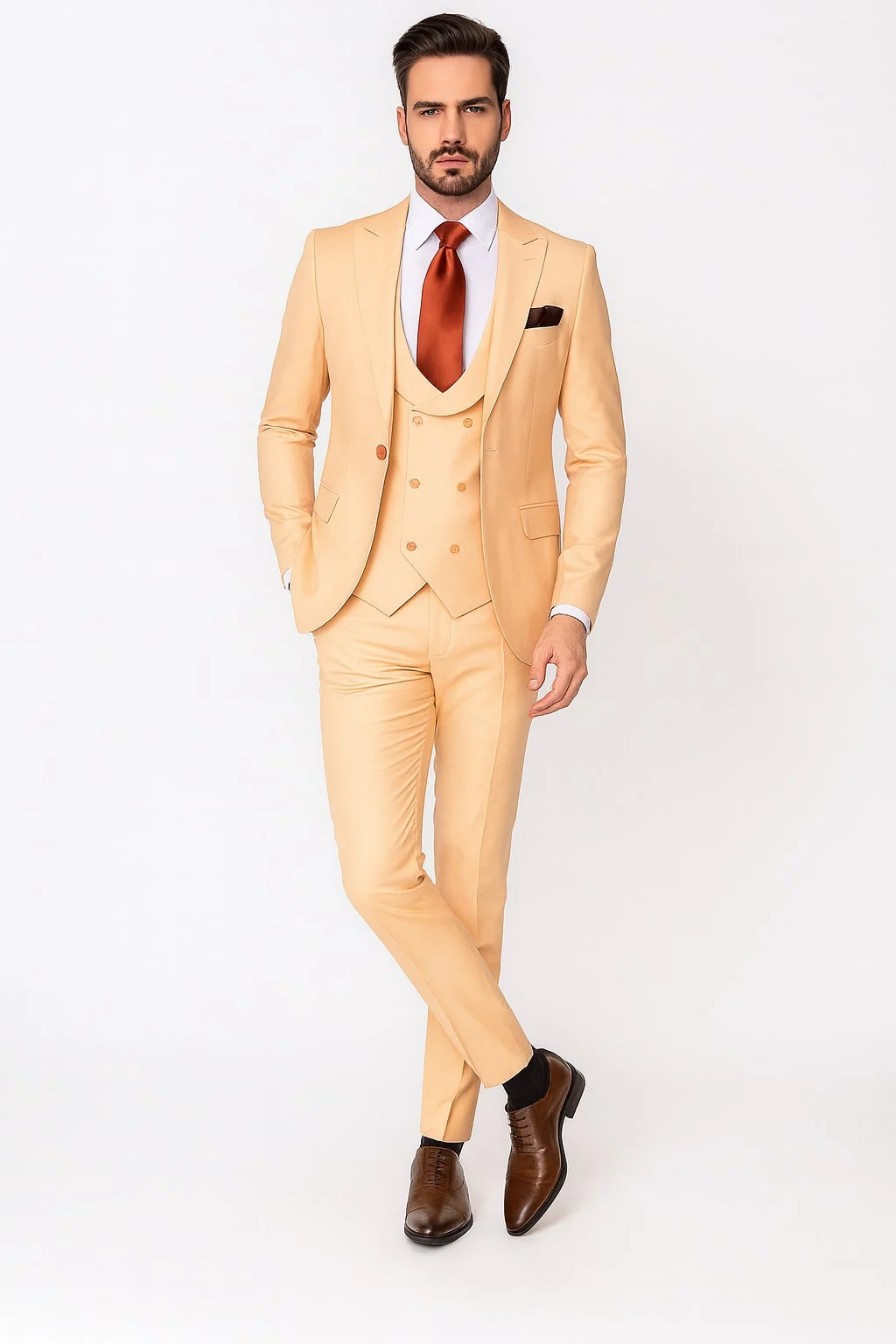 Mens Peach 3-Piece Suit – Double-Breasted Vest, Notch Lapel Blazer, Slim Fit Dress Pants - Image 3