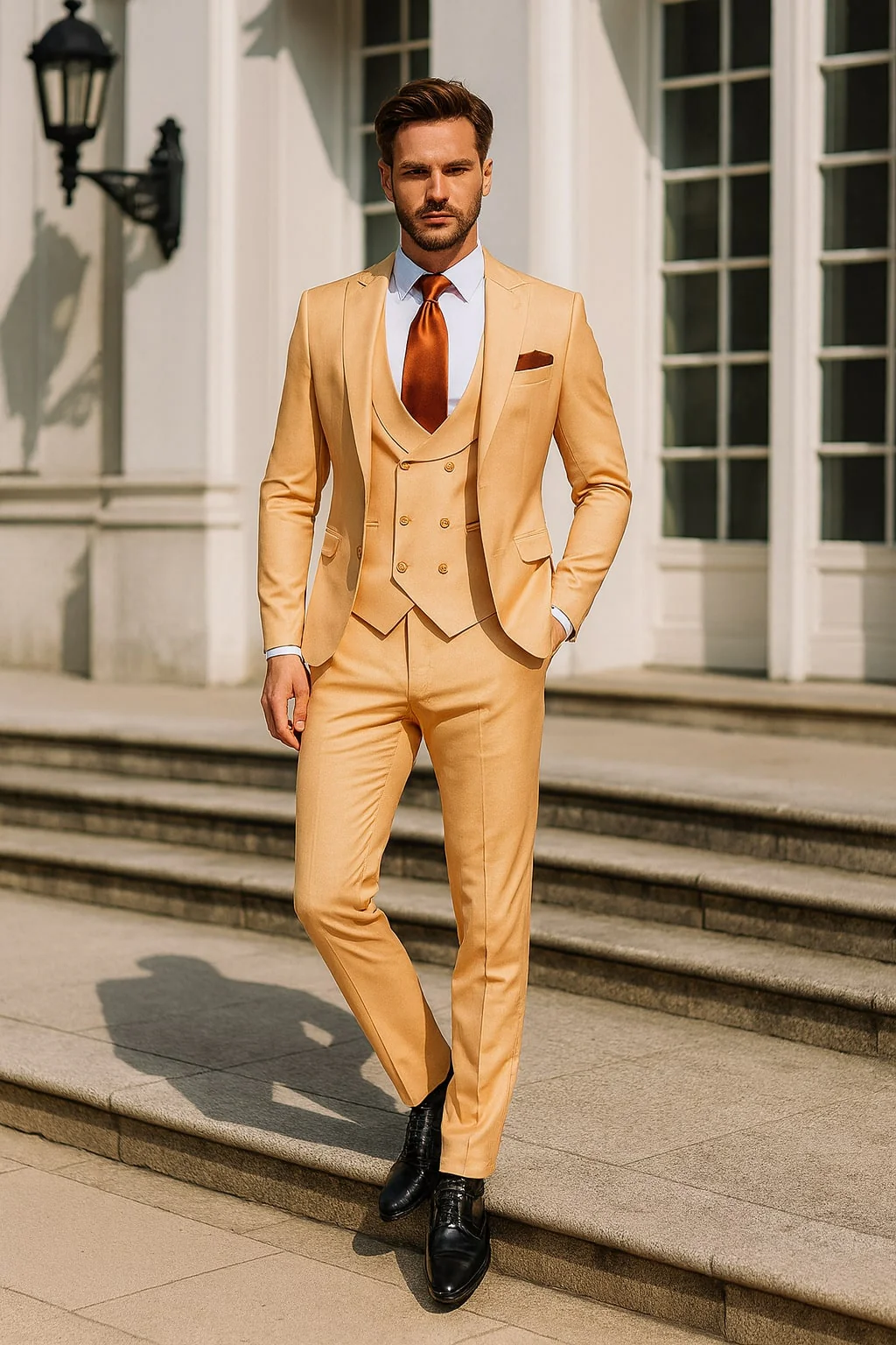 Mens Peach 3-Piece Suit – Double-Breasted Vest, Notch Lapel Blazer, Slim Fit Dress Pants - Image 5