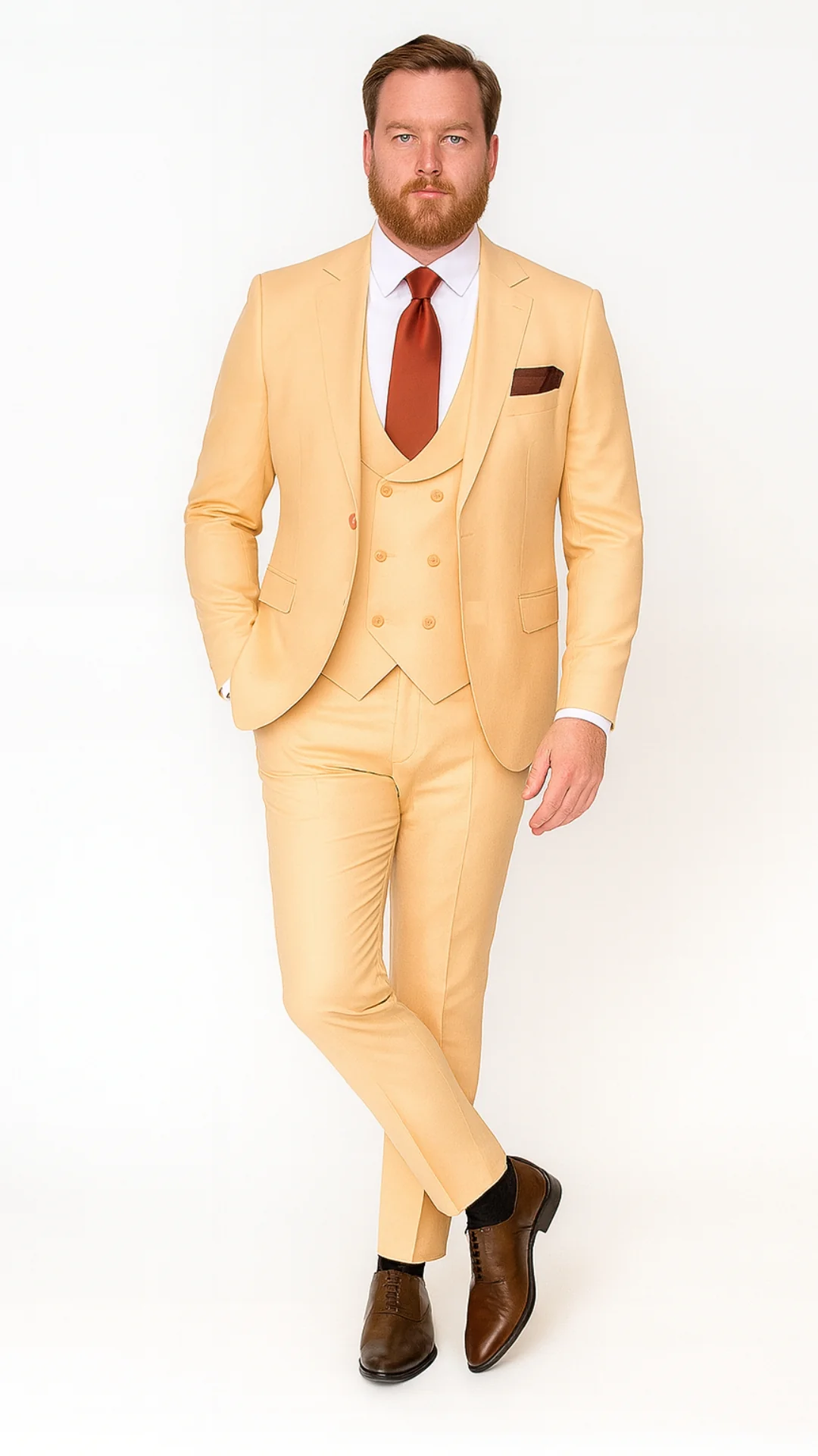 Mens Peach 3-Piece Suit – Double-Breasted Vest, Notch Lapel Blazer, Slim Fit Dress Pants - Image 6