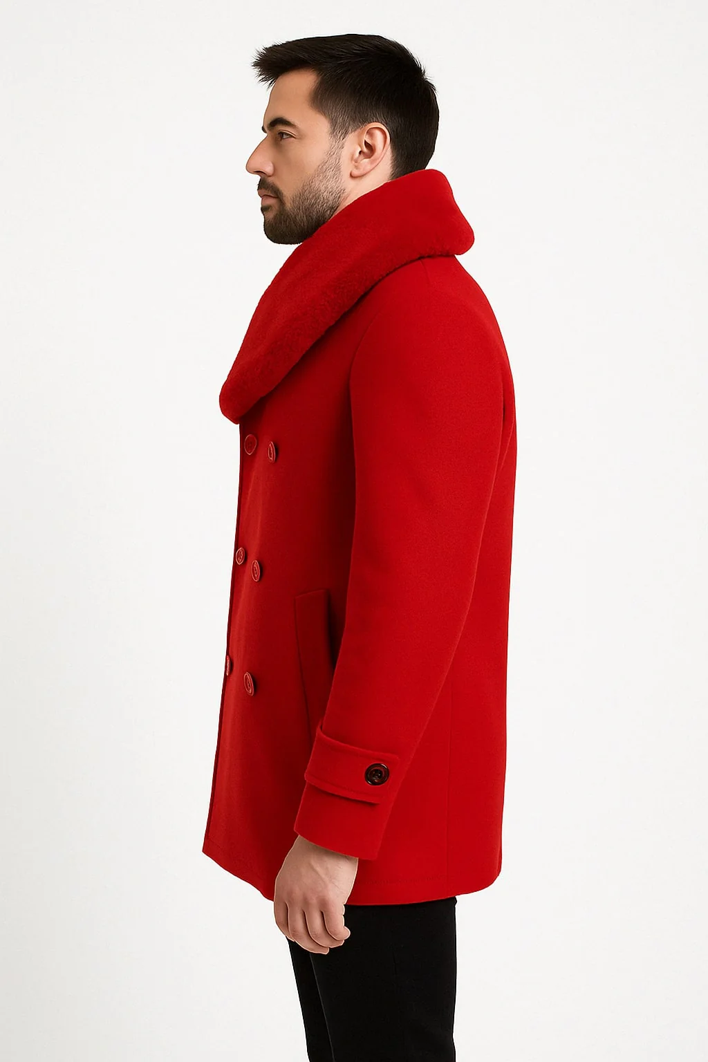 Mens Peacoat Color Red Color - Wool Overcoat with Faux Fur Shawl Collar – Double-Breasted Peacoat for Winter - Image 2