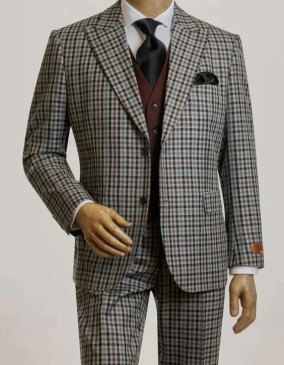 Mens Peak Lapel Modern Fit - No Pleated Pants Designer Brand Multicolor 3 Piece Single Breasted Vested Suit