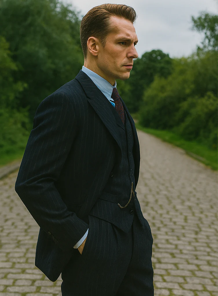 Mens Peaky Blinders Costume Michael Gray 1920s Vested Pinstripe Suit - Image 3