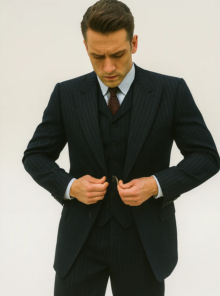 Mens Peaky Blinders Costume Michael Gray 1920s Vested Pinstripe Suit - Image 8