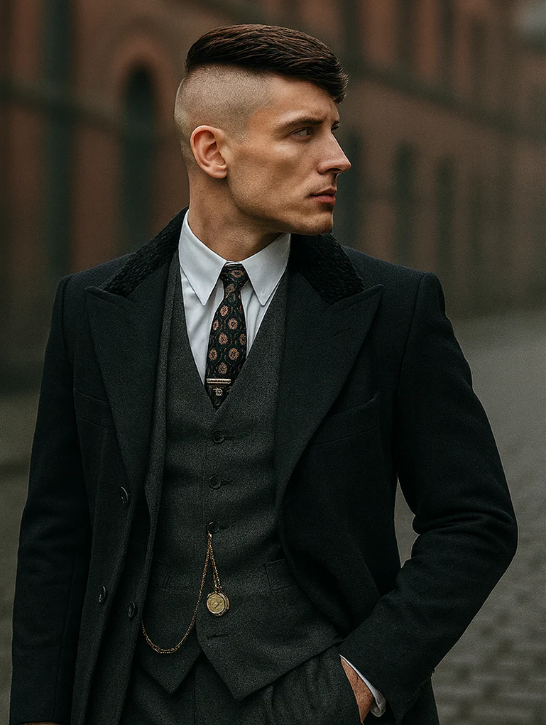 Mens Peaky Blinders Costume Thomas Shelby 3PC Suit & Black Overcoat - Image 3
