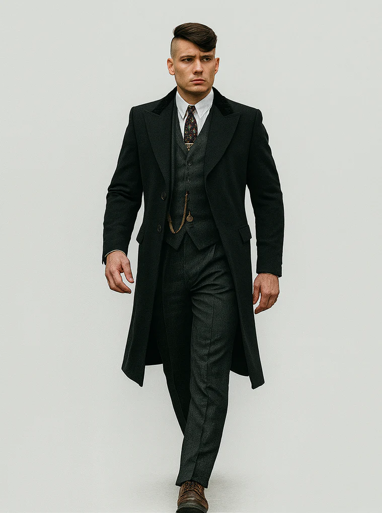 Mens Peaky Blinders Costume Thomas Shelby 3PC Suit & Black Overcoat - Image 5