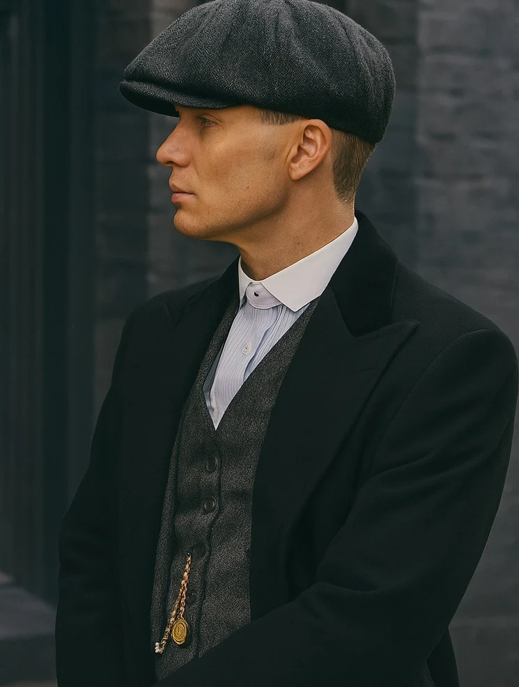 Mens Peaky Blinders Costume Thomas Shelby Grey 3 Piece Suit with Black Overcoat & Hat - Image 10