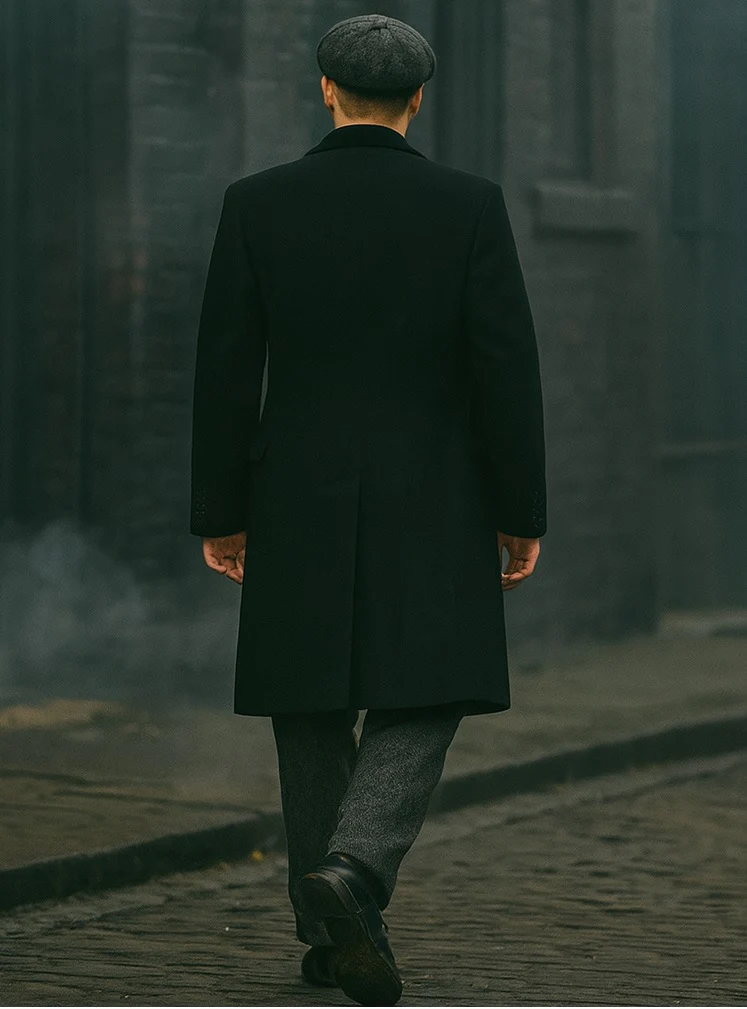 Mens Peaky Blinders Costume Thomas Shelby Grey 3 Piece Suit with Black Overcoat & Hat - Image 11